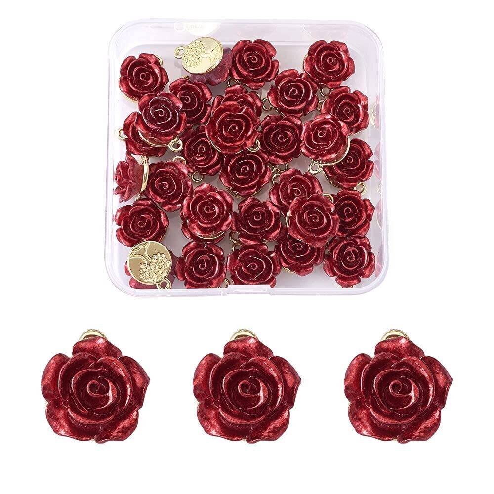 2215 Beadthoven 30pcs Dark Red Rose Flower Alloy Charm Pendants Light Gold